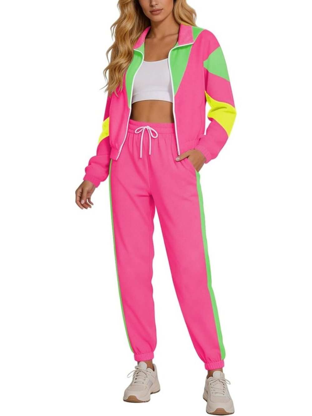 Retro 80s Track Suit Set for Women | Color Block Windbreaker & Sweatpants Outfit